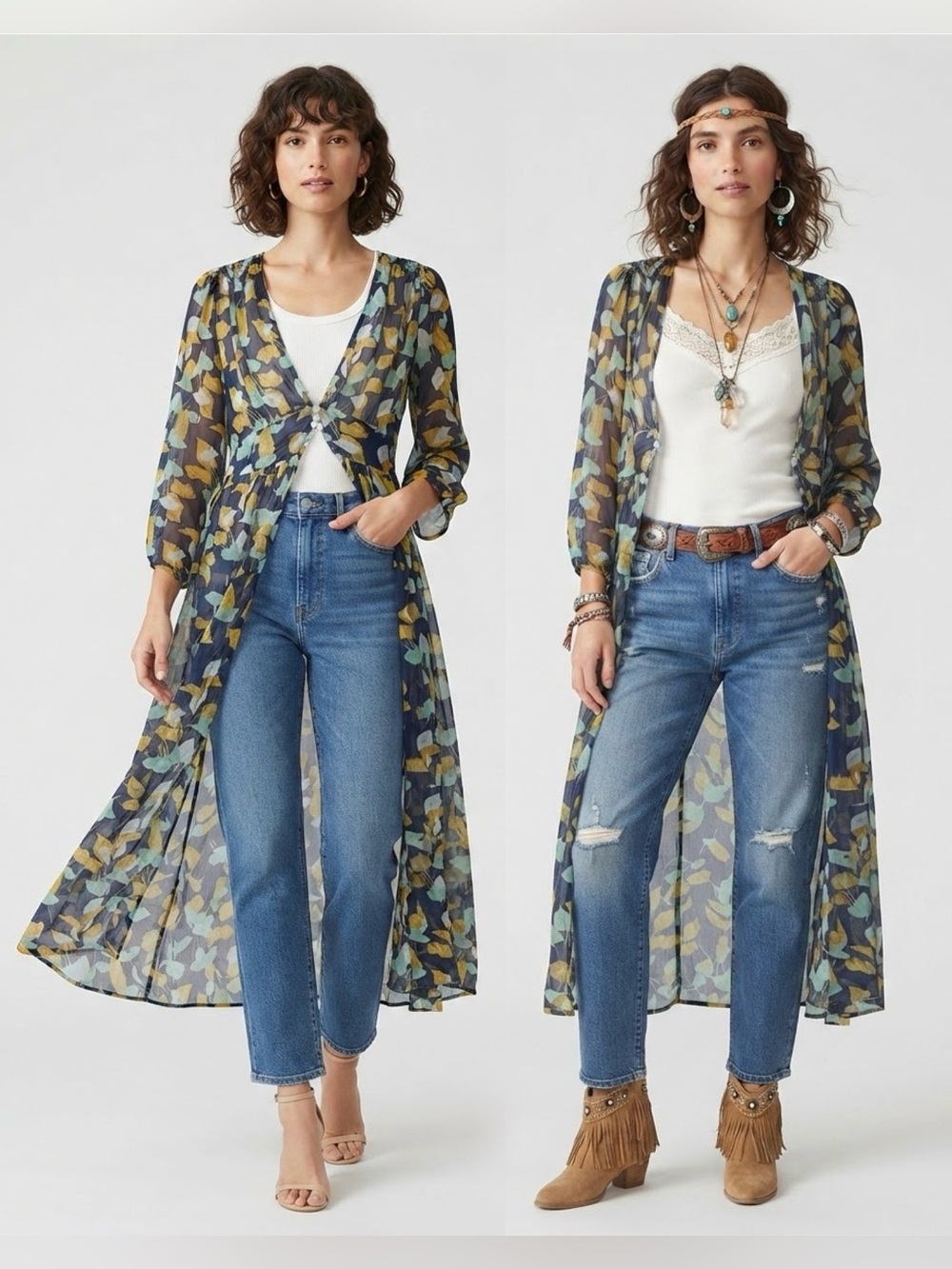 Kori America Maxi Boho Sheer Duster Navy Citron Leaves Flowy Kimono NWT S